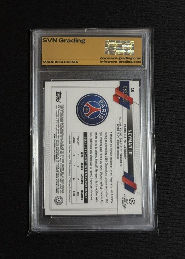 Zaprta SVN kapsula, hrbtna stran: Neymar Jr 2023 Topps 062/225, Mint 9, serijska 169982